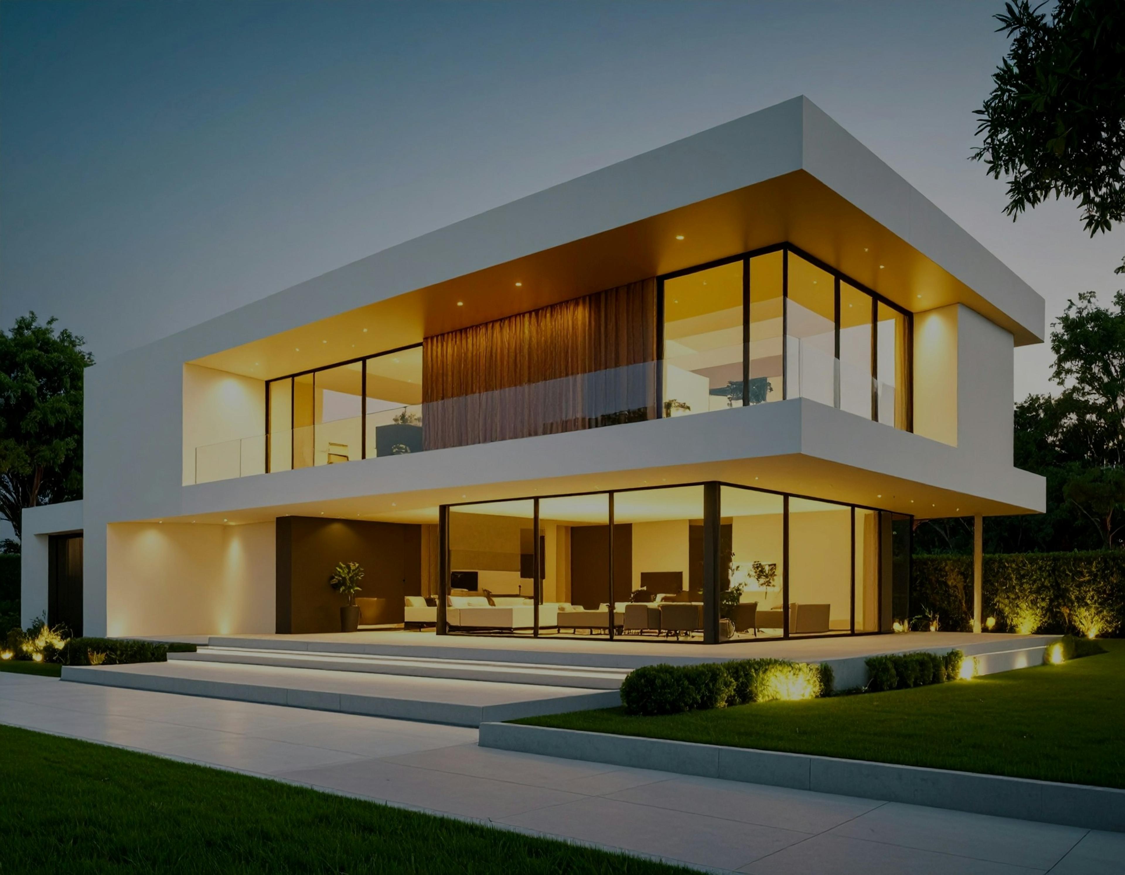 A modern house exterior glowing with interior light