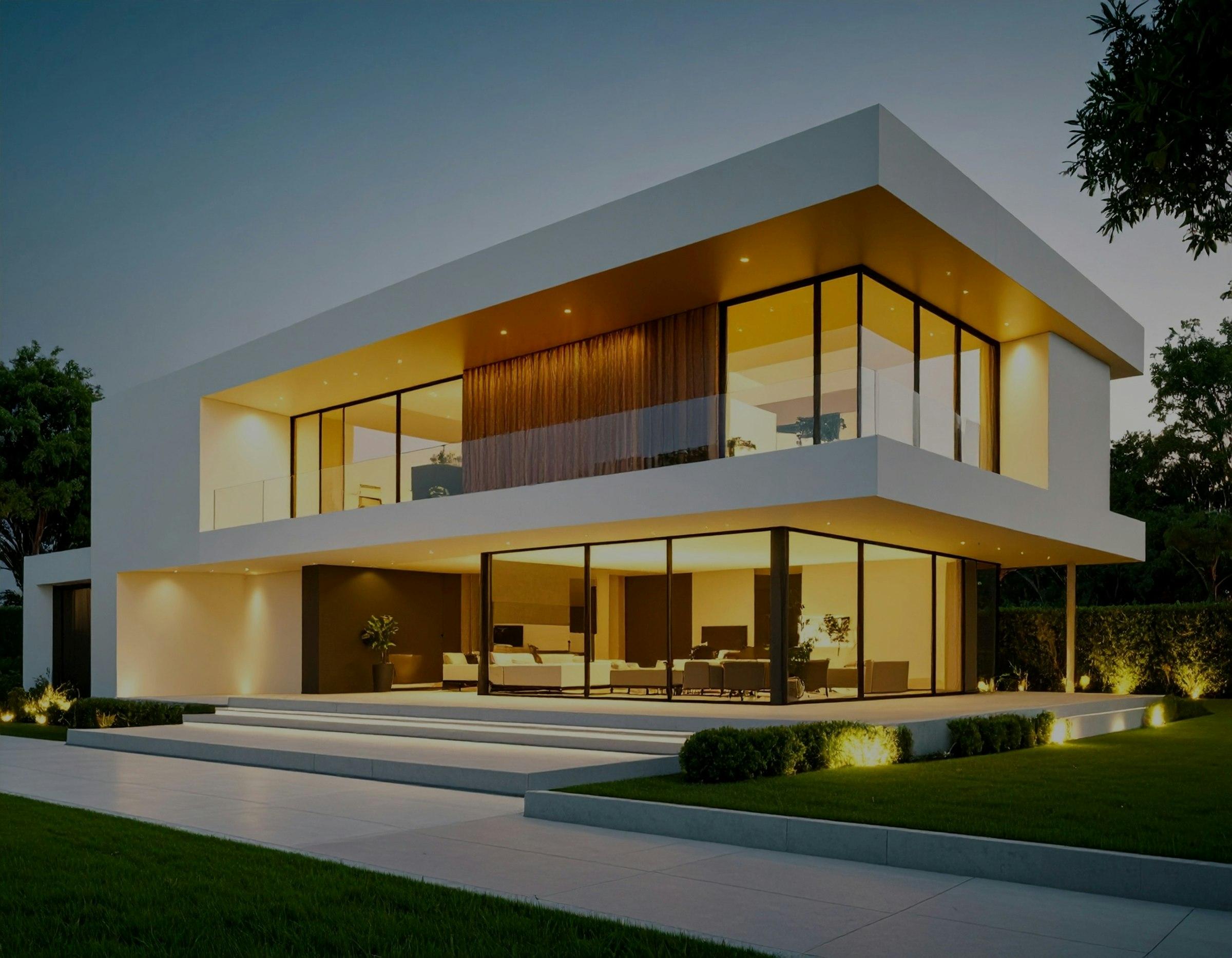 A modern house exterior glowing with interior light