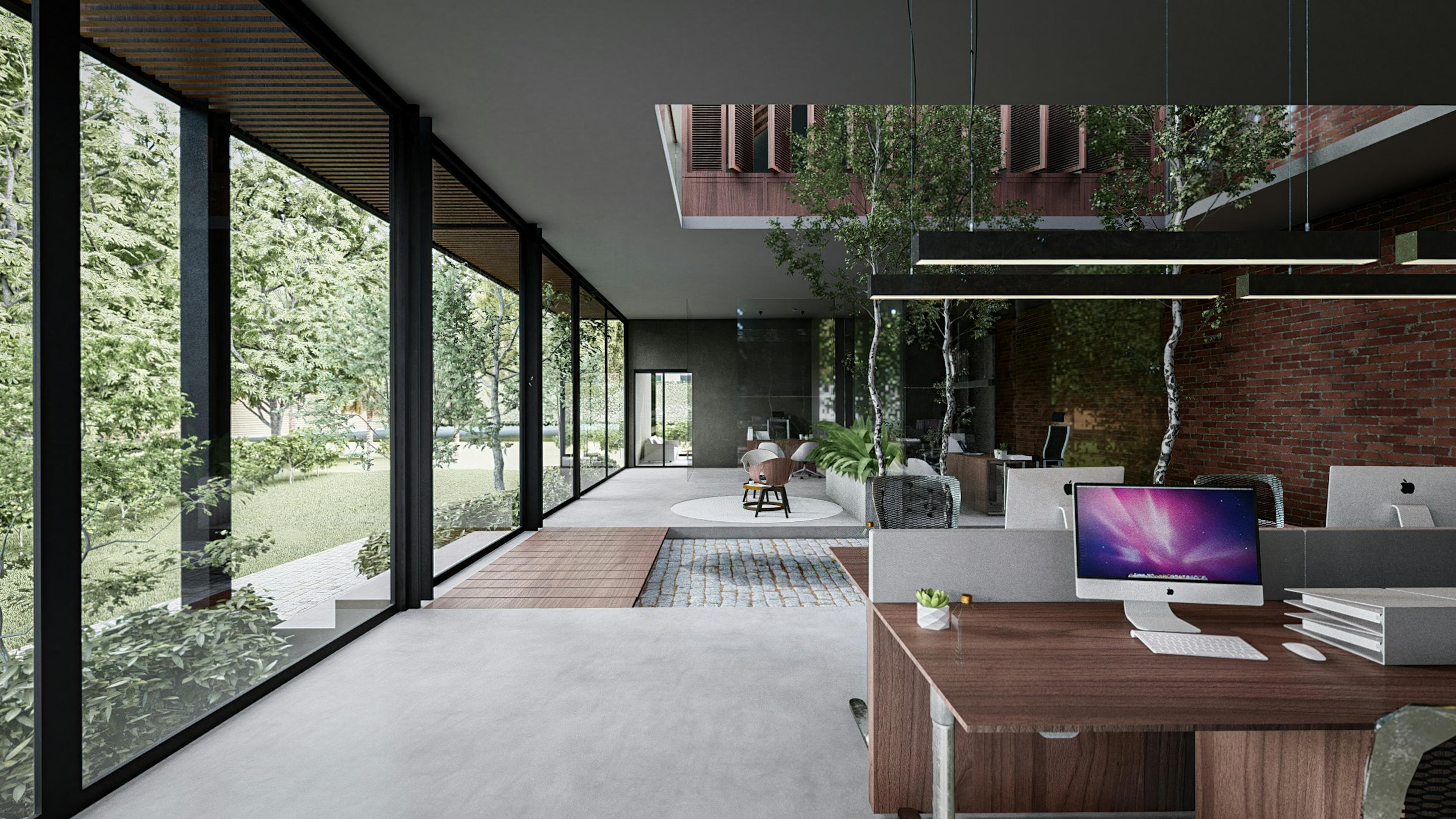 A workspace with a desk and a laptop