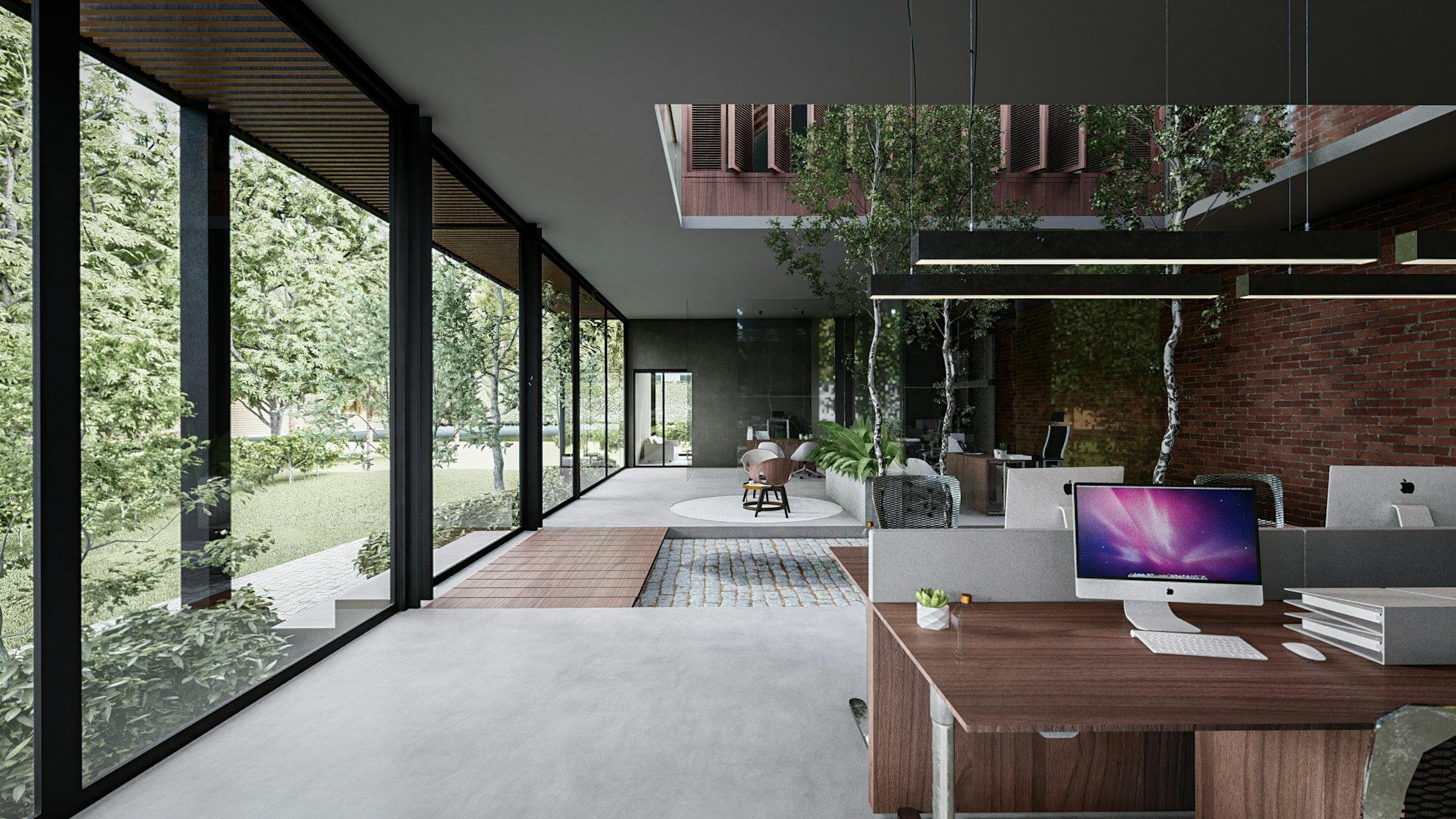A workspace with a desk and a laptop