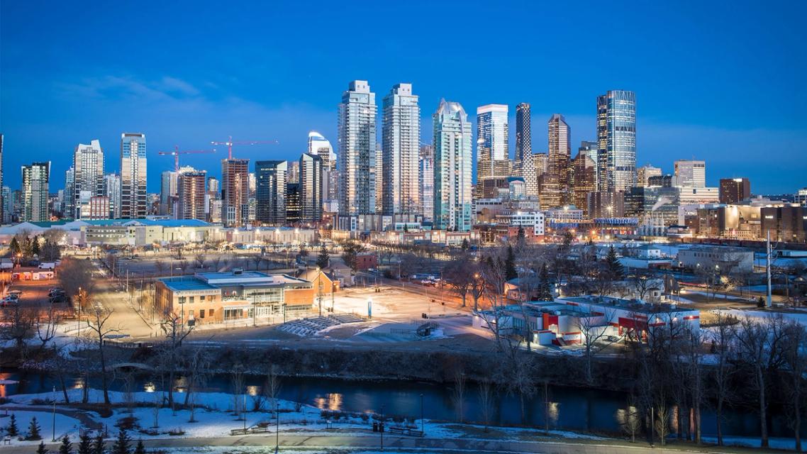 A photograph of the Calgary skyline during winter.