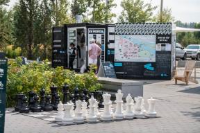 A photograph of a giant chessboard at EVHQ.