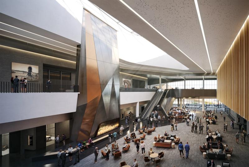 A rendering of the Exchange in the BMO Centre expansion with many people in the common space and Canada's largest fireplace