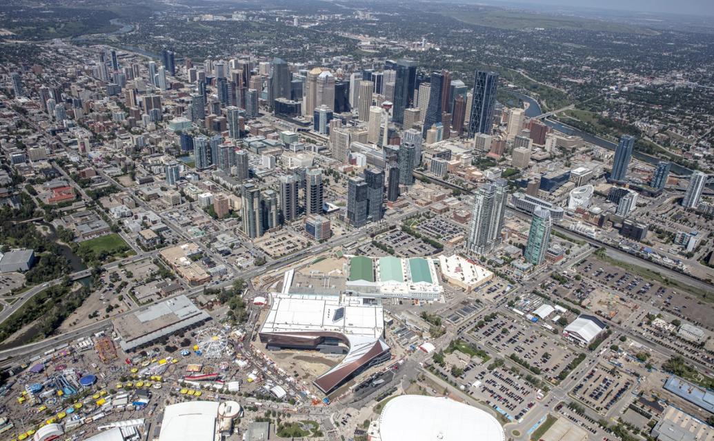 Aerial photograph of The C+E District during Stampede.