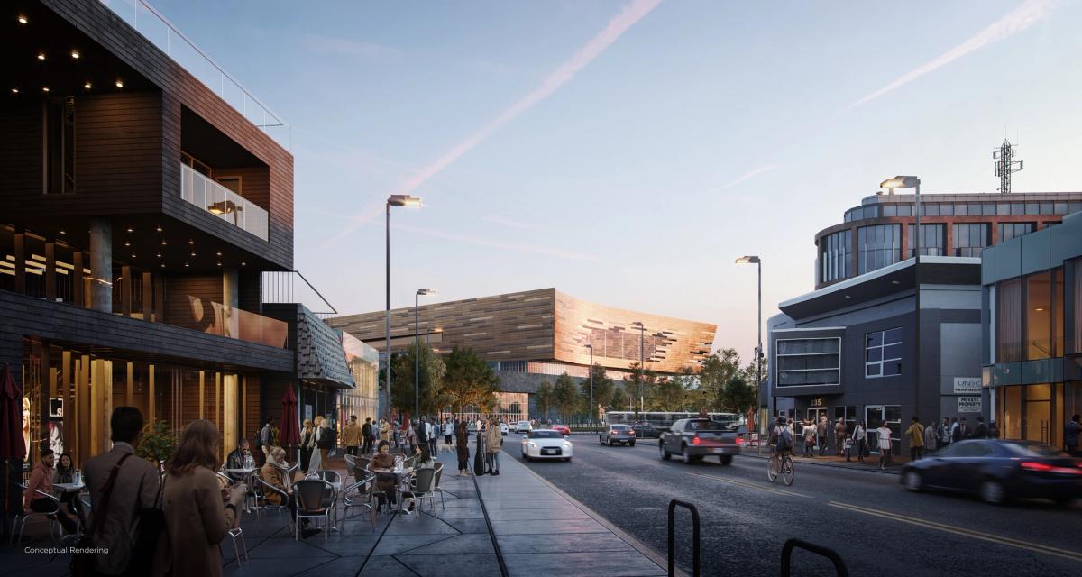A rendering from 17th Avenue looking east at the BMO Centre expansion