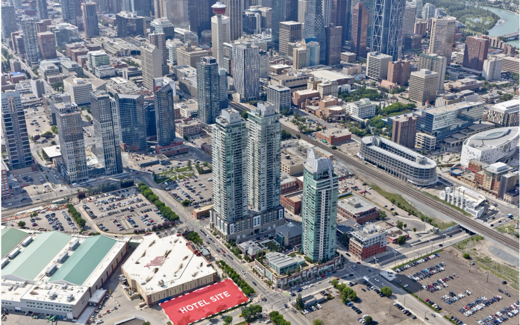 A map overlay with a red rectangle marking the site of the future BMO Convention Centre Hotel