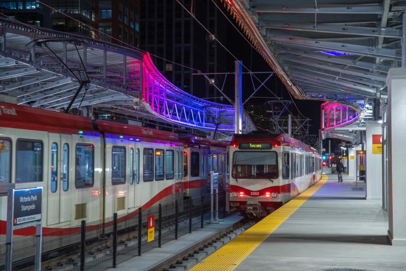 A photograph of Victoria Park / Stampede Station as the first trains arrive.