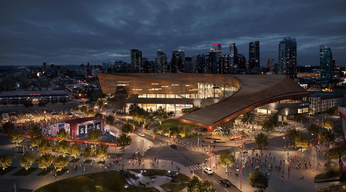A rendering of the BMO Centre expansion from Scotman's Hill at night