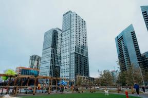 Photograph of people and dogs in the dog park at Pixel Park with buildings in the background.