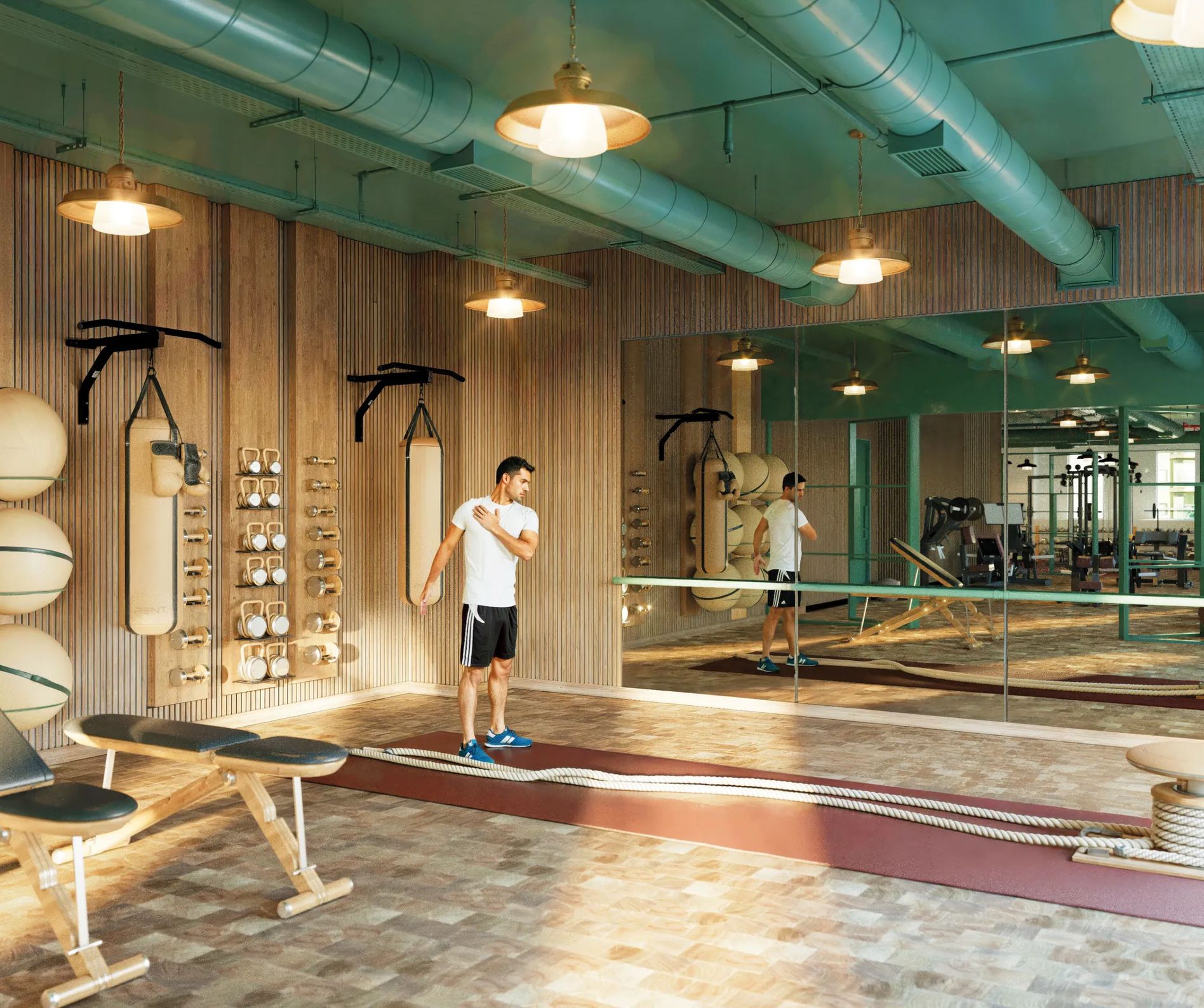 Gym floor with treadmills, free weights and resistance machines