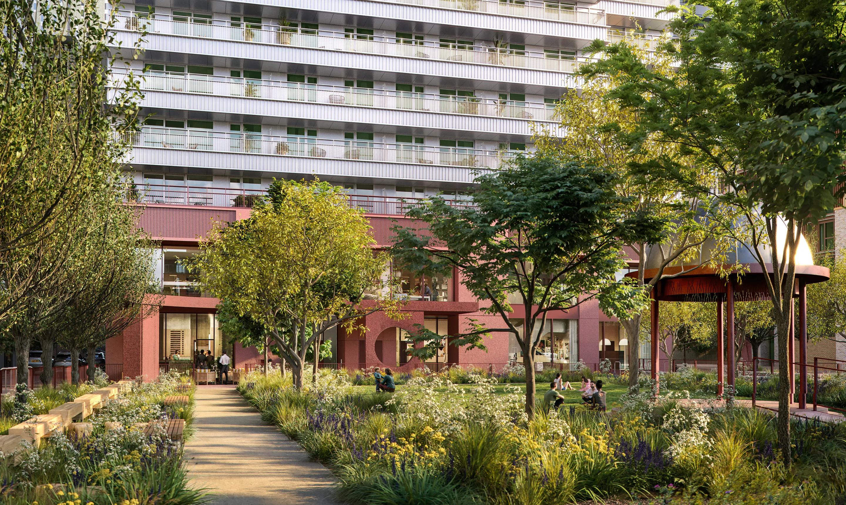 Planted garden walkway between the buildings
