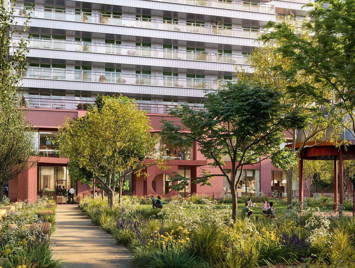 Planted garden walkway between the buildings
