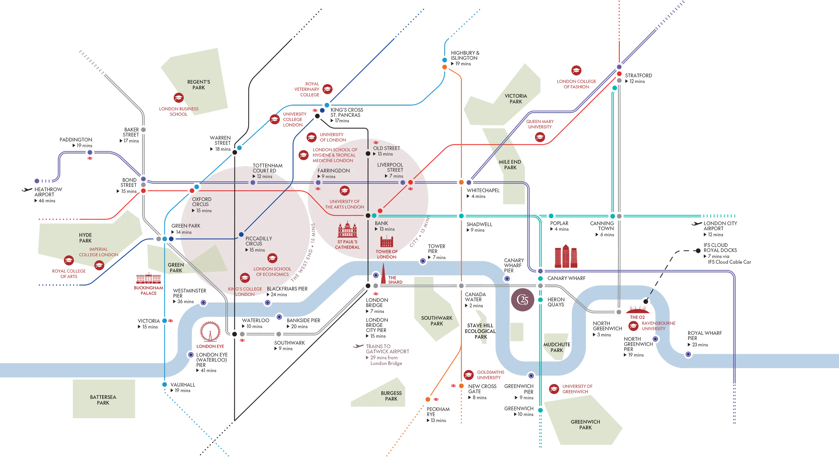 Travel connections from 25 Cuba Street across London