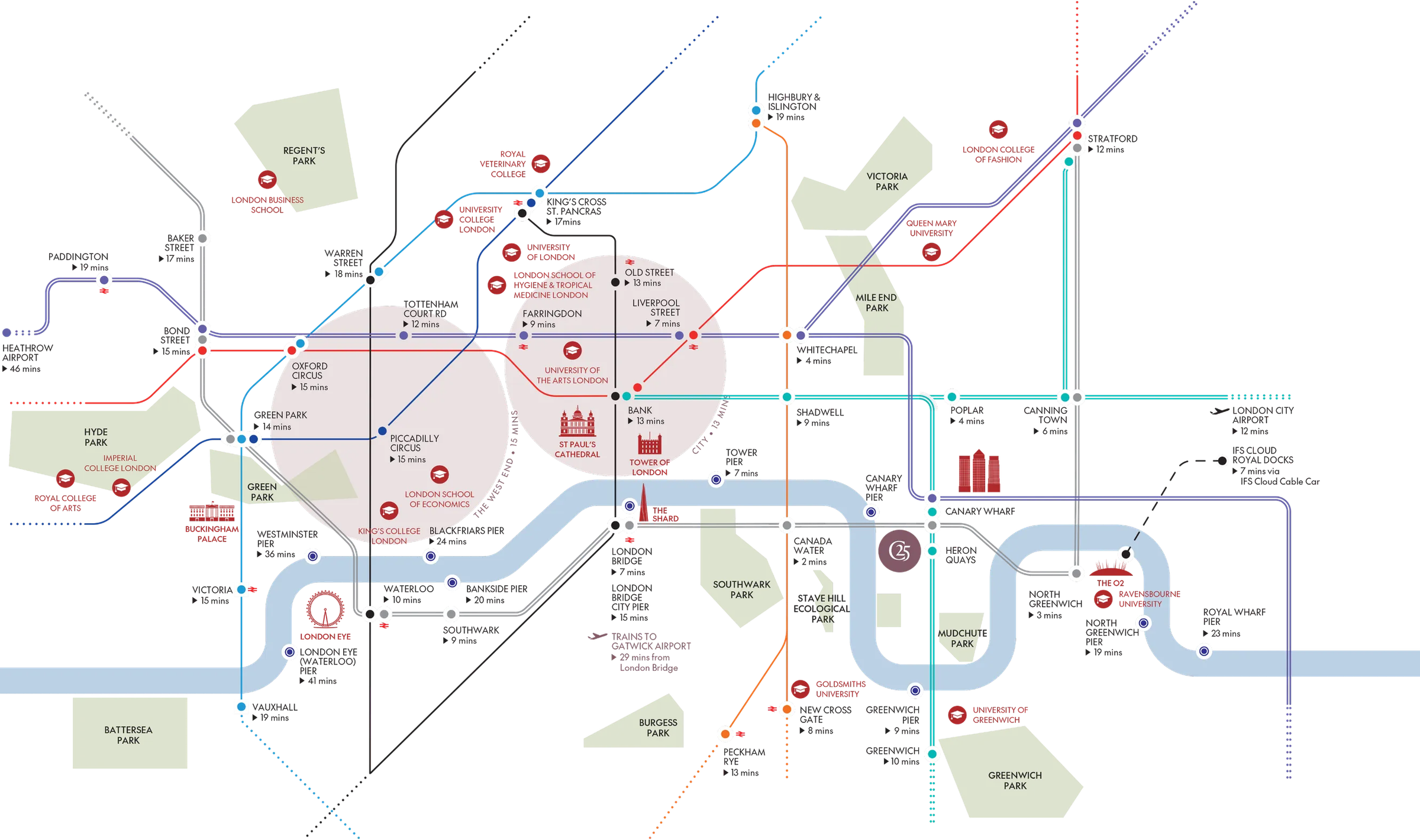 Travel connections from 25 Cuba Street across London