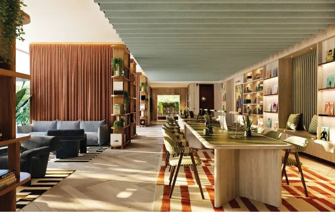 Co-working floor with long timber desks and bookshelves