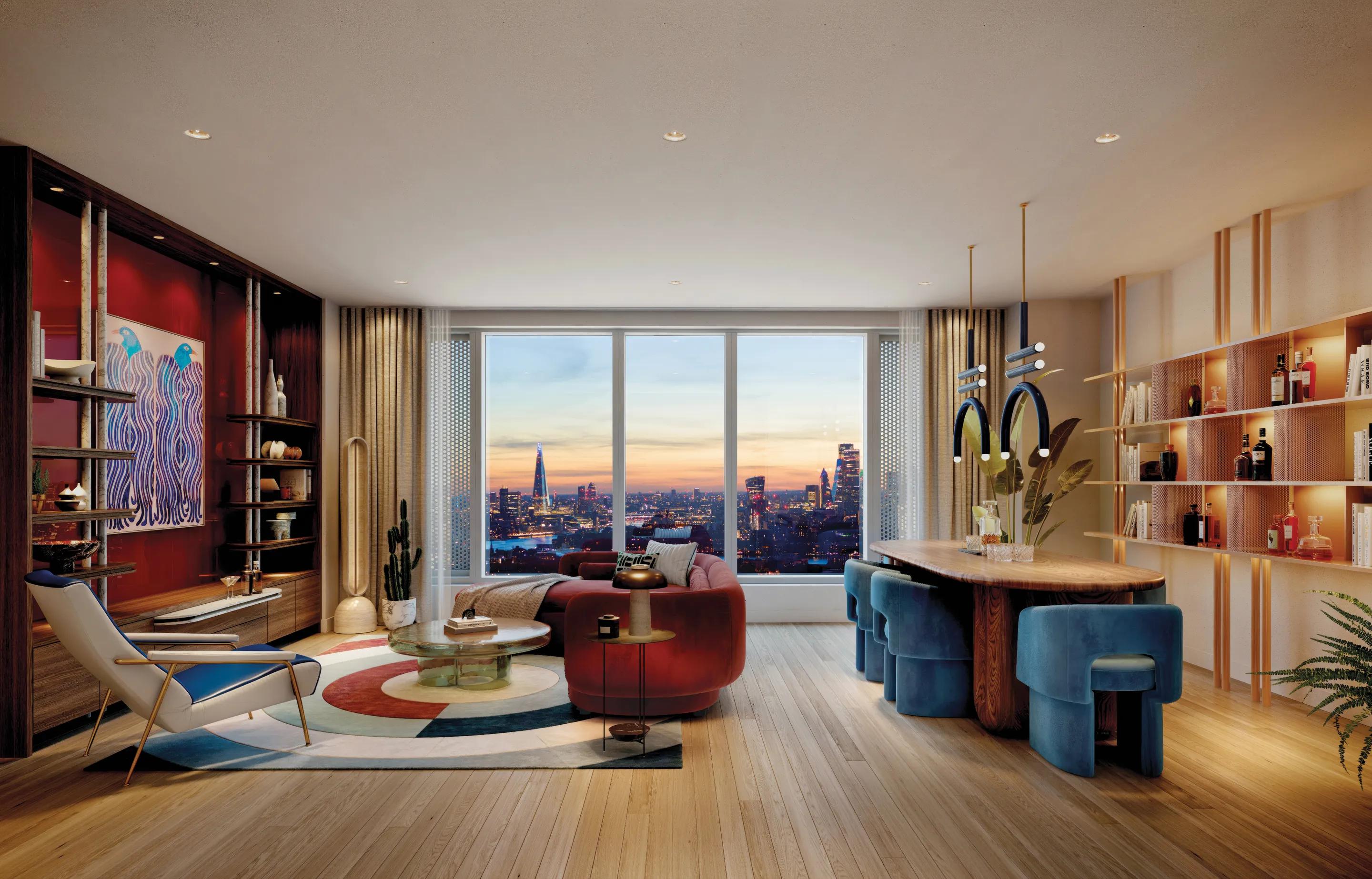 Living room with skyline view, red artwork and open shelving