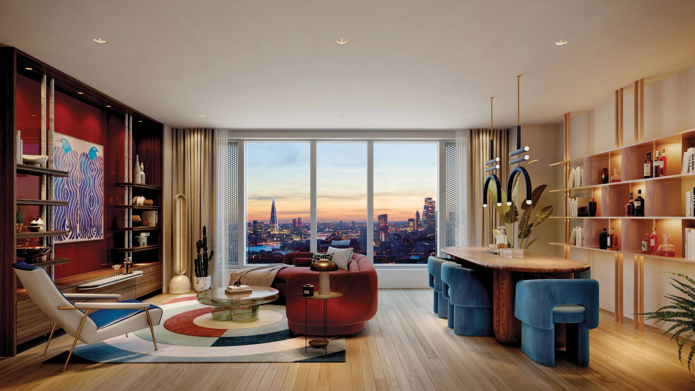 Living room with skyline view, red artwork and open shelving