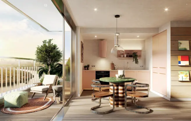 Open-plan apartment kitchen and living room onto a balcony