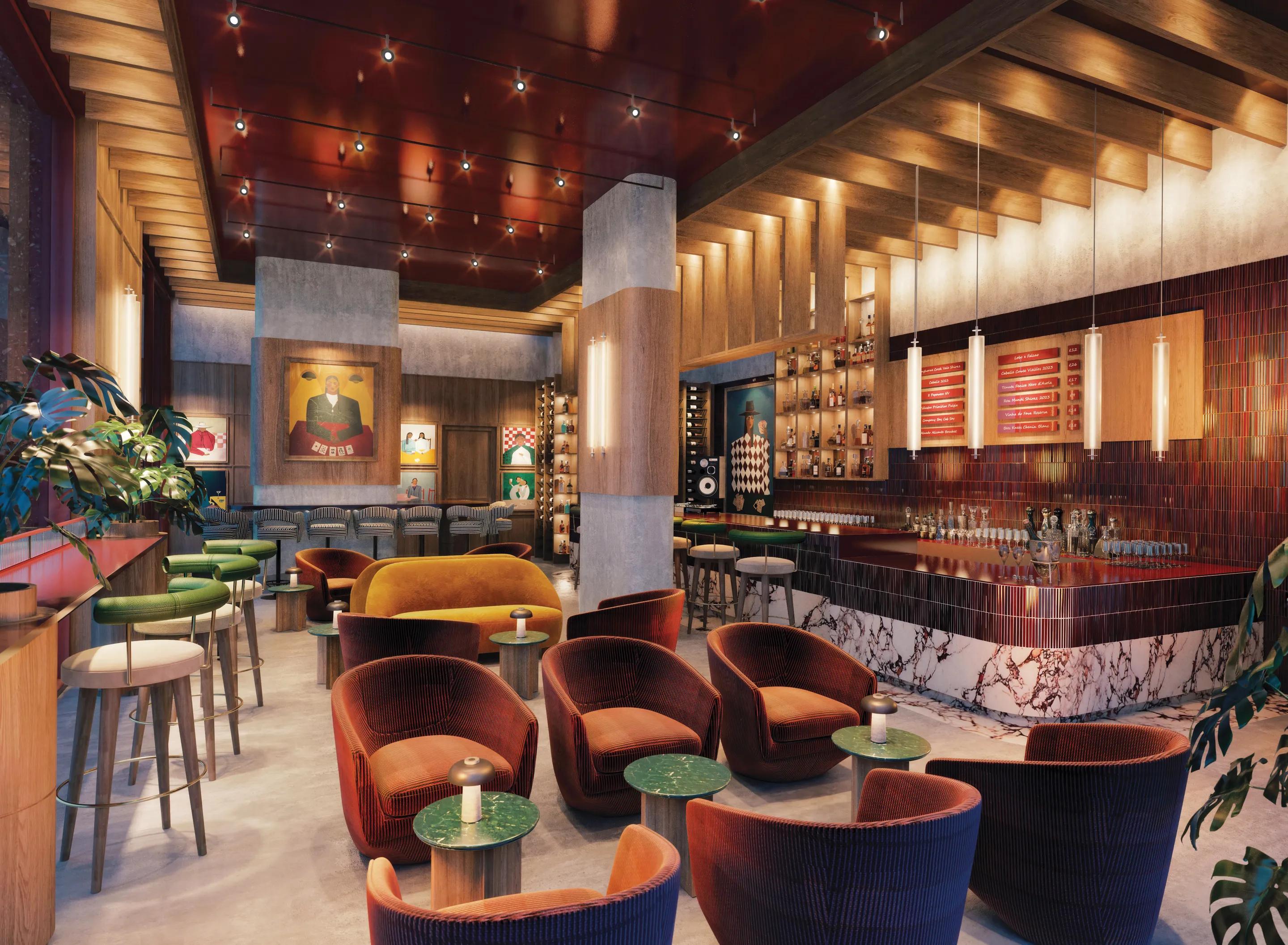 Garden Bar lounge with armchairs under a red ceiling