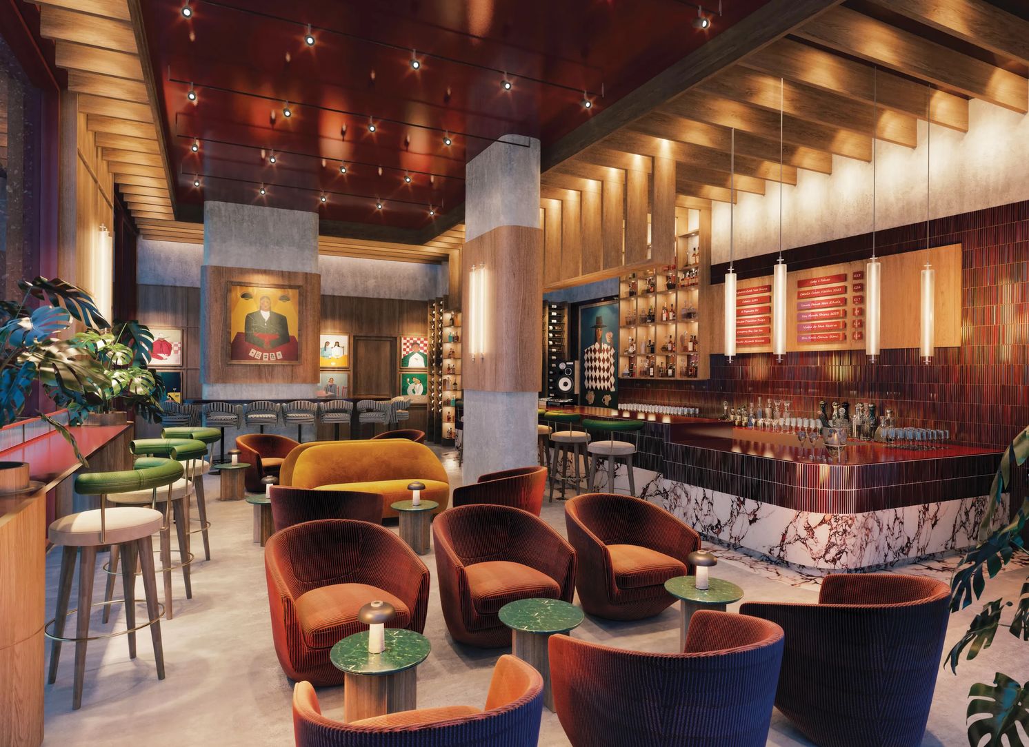 Garden Bar lounge with armchairs under a red ceiling