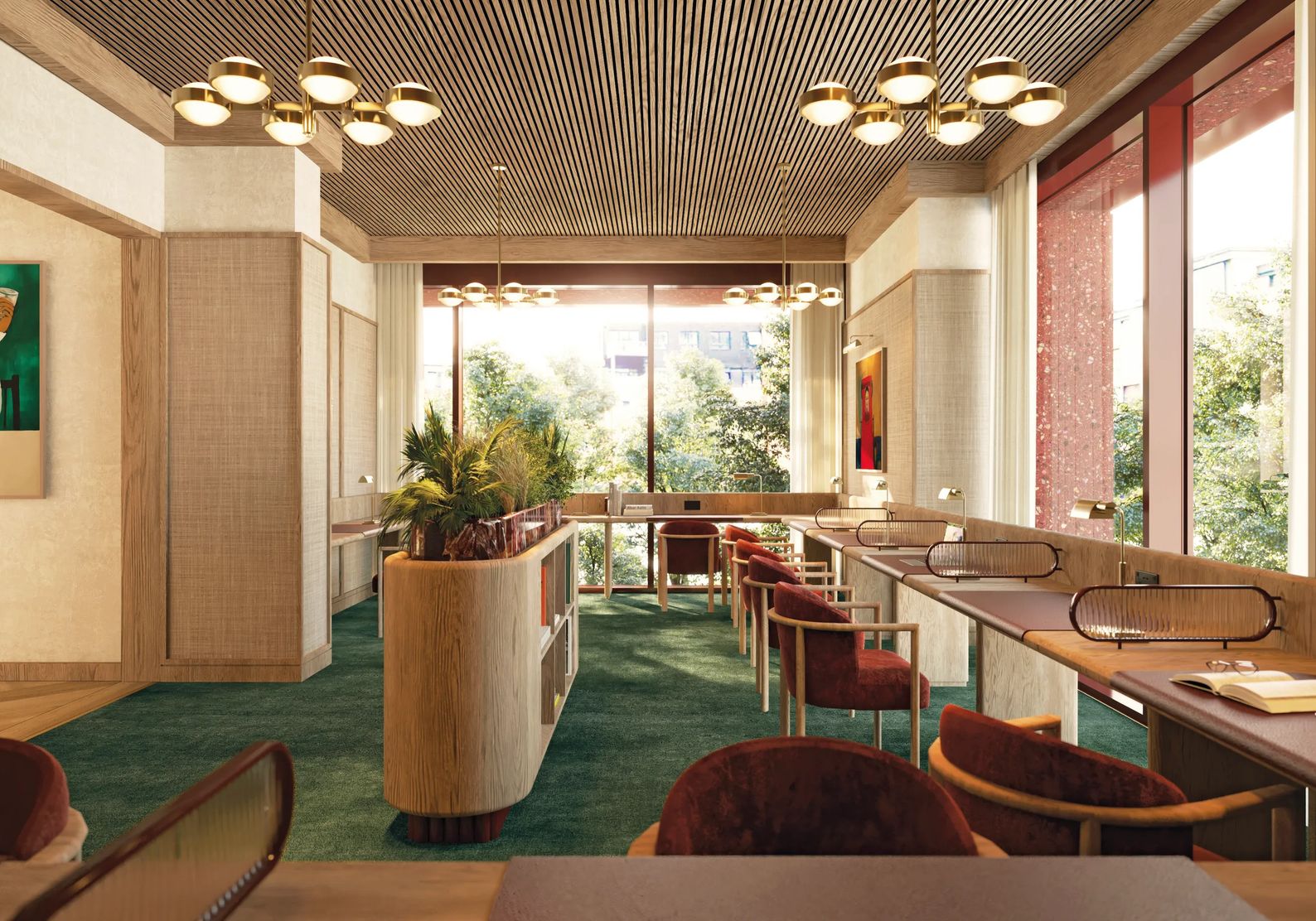 Quiet lounge with a long shared table and garden windows