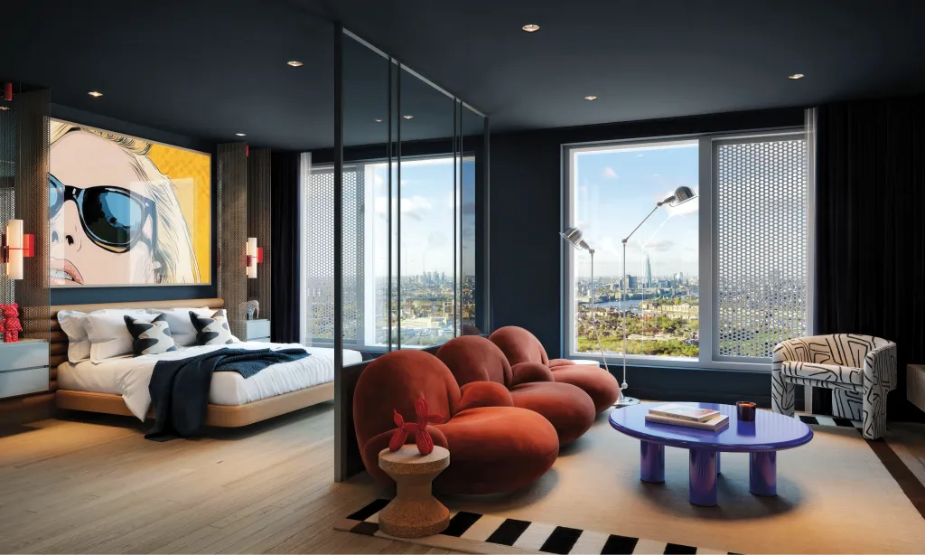 An apartment living room at dusk, a curved sofa framed by floor-to-ceiling windows