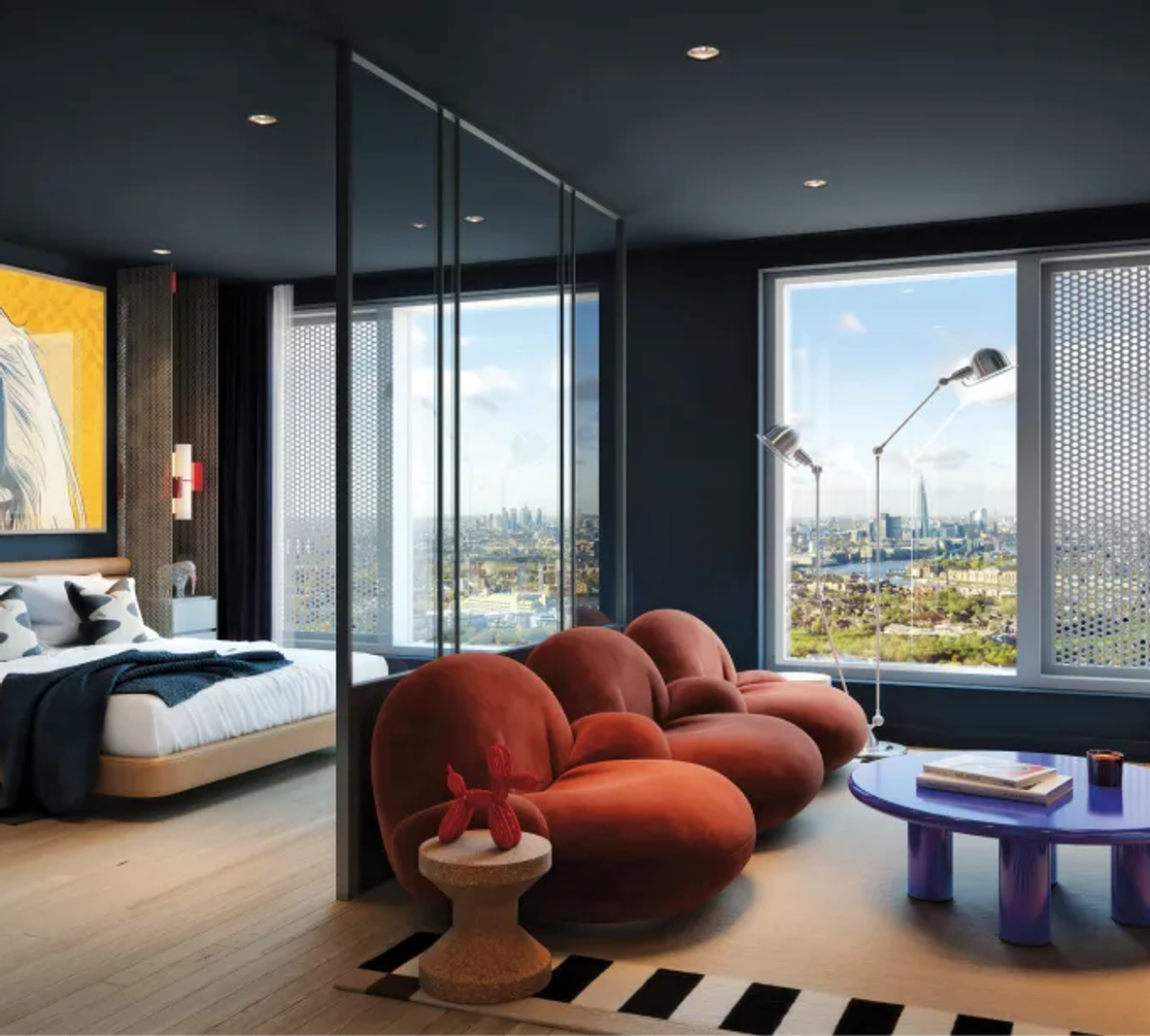 An apartment living room at dusk, a curved sofa framed by floor-to-ceiling windows