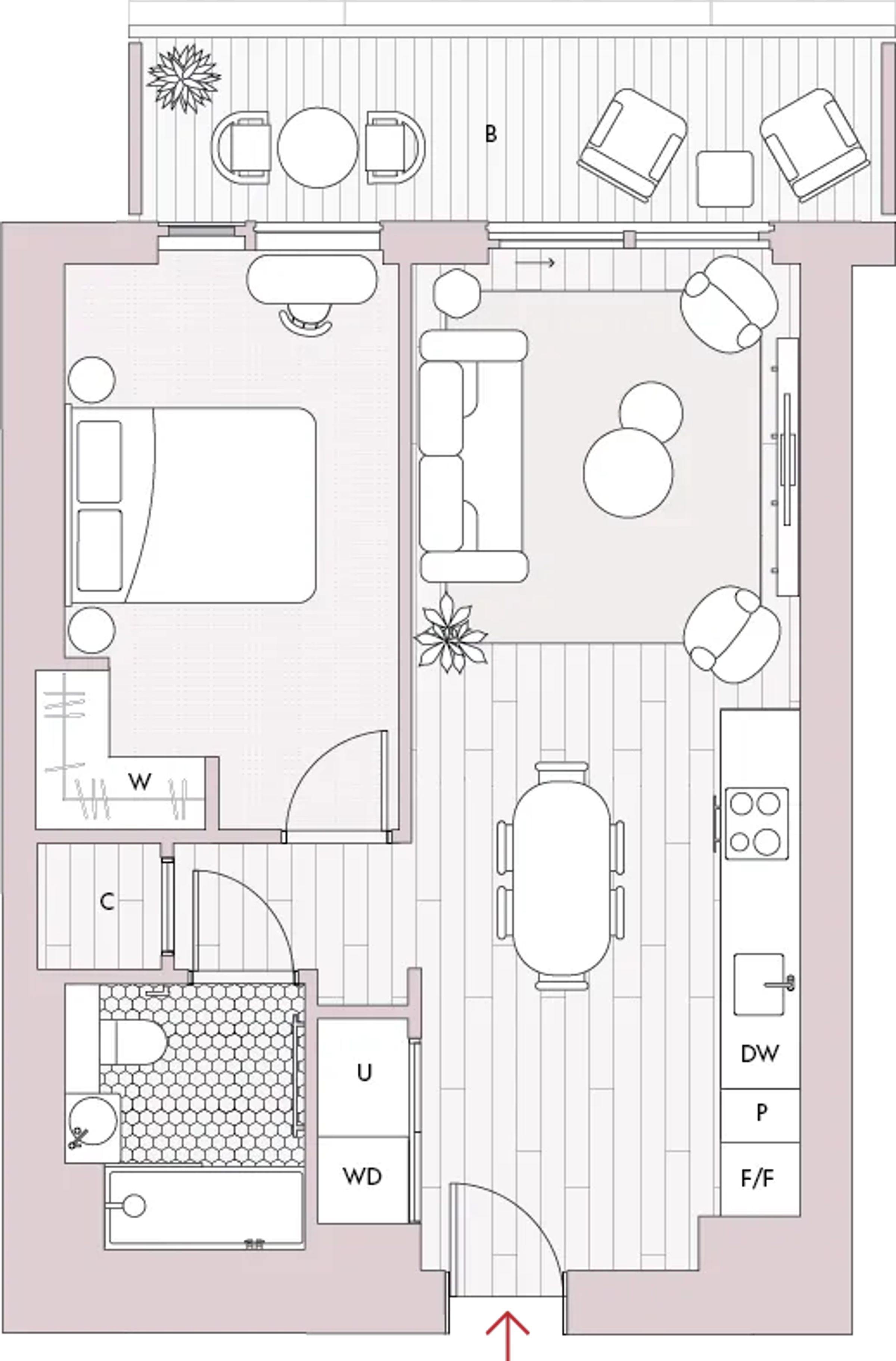Floorplan of the one bedroom apartment