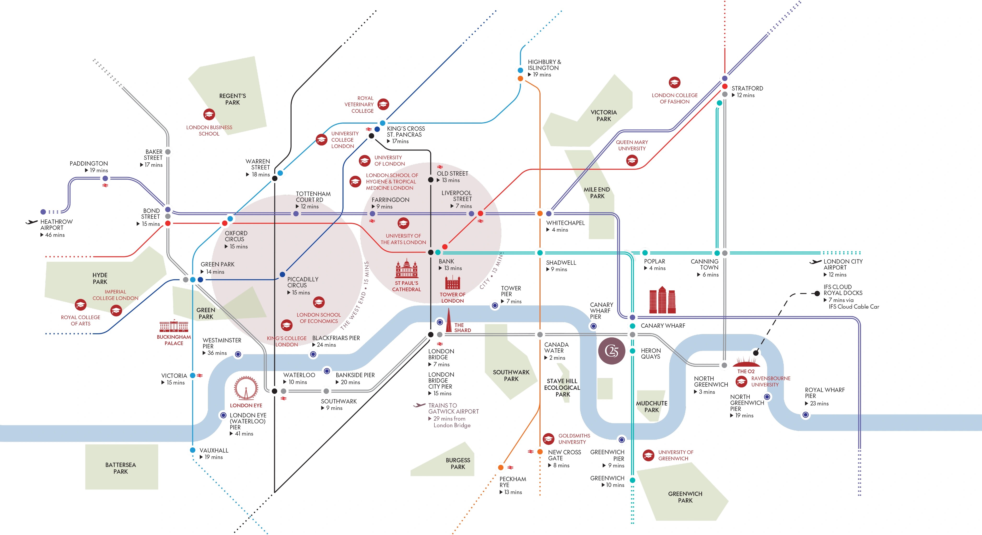 Travel connections from 25 Cuba Street across London