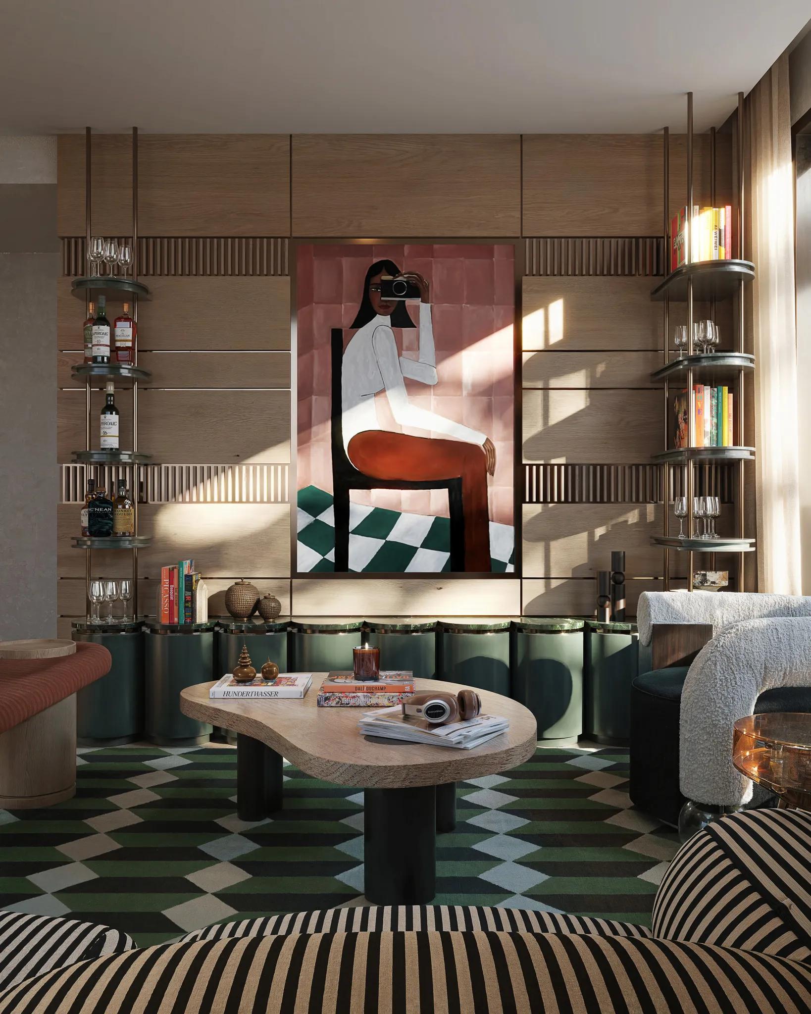Residents' lounge with green chequered floor and open shelving