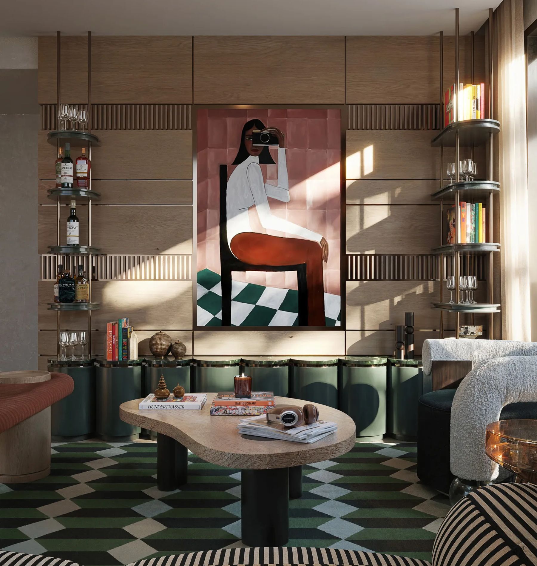 Residents' lounge with green chequered floor and open shelving