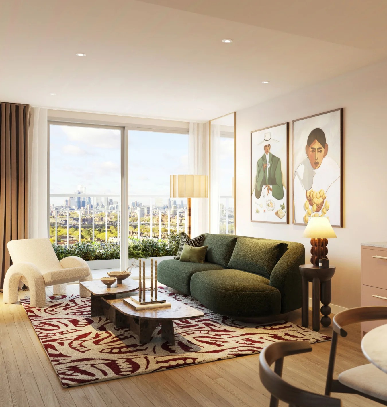 Living room with green sofa and floor-to-ceiling city views