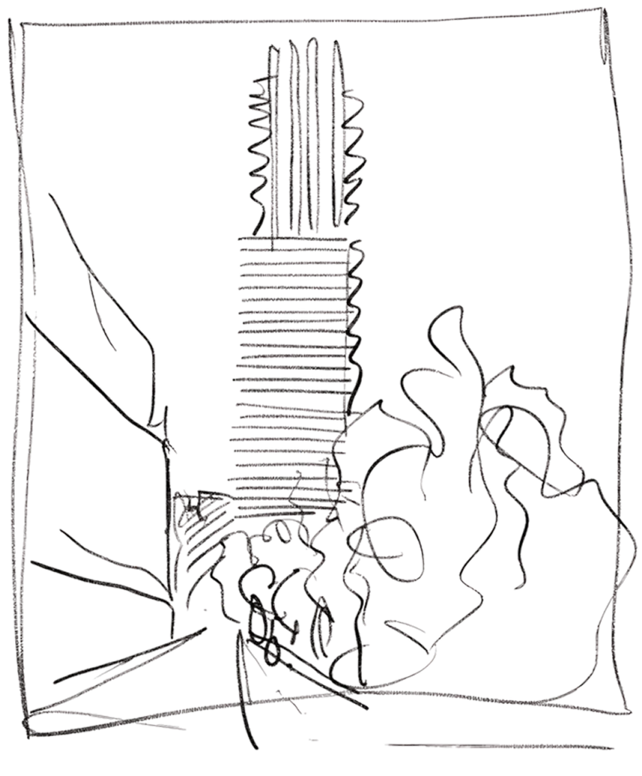 Architect's line sketch of the tower above street planting