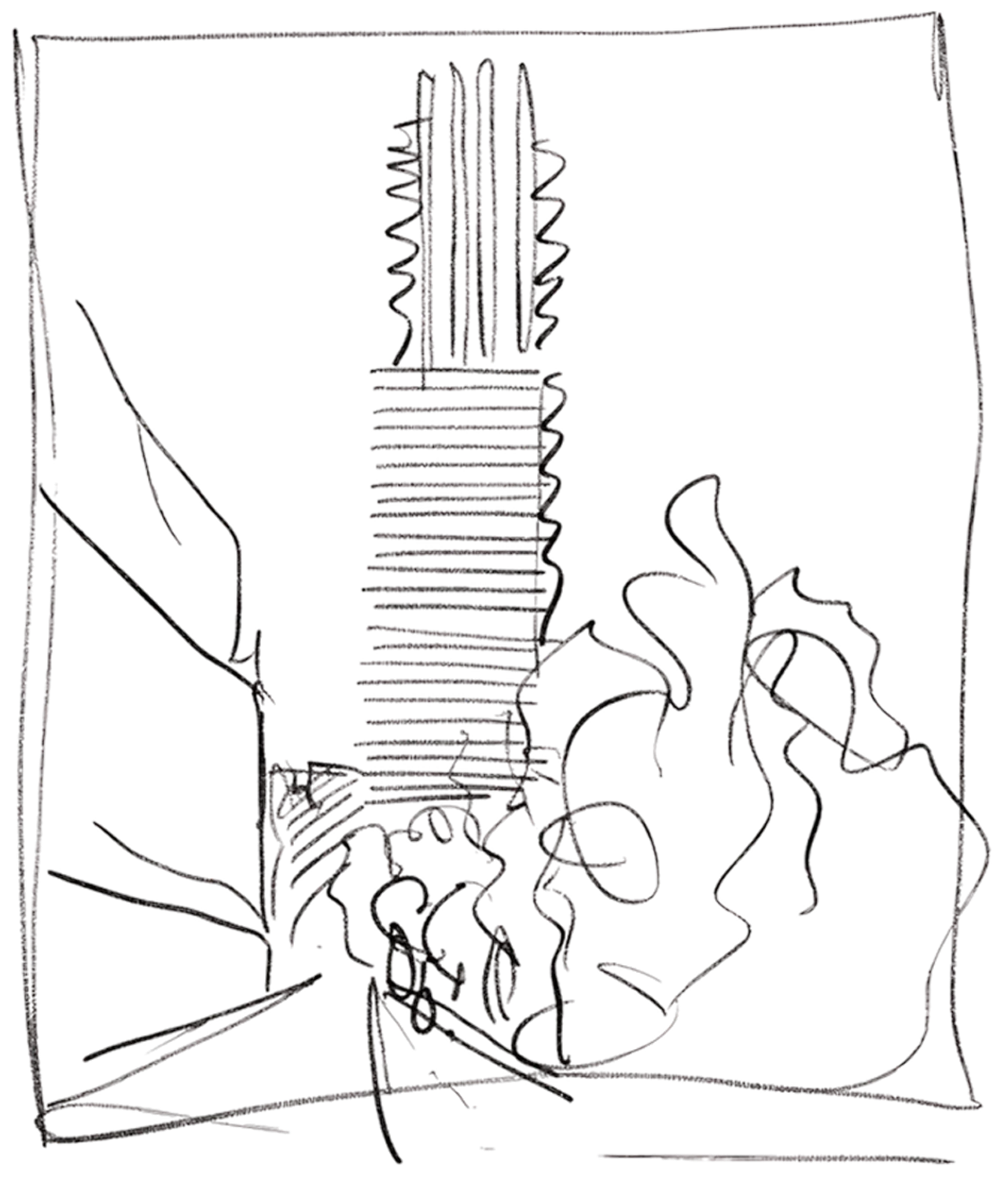 Architect's line sketch of the tower above street planting