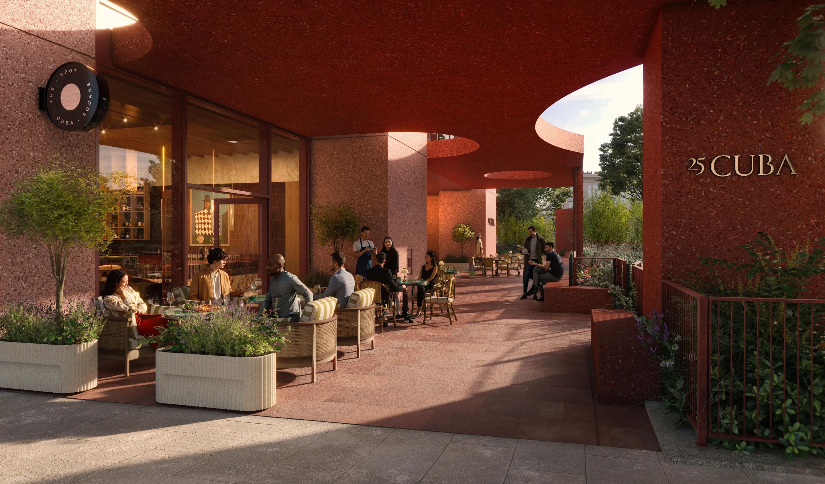 Residents at tables on the garden terrace at dusk