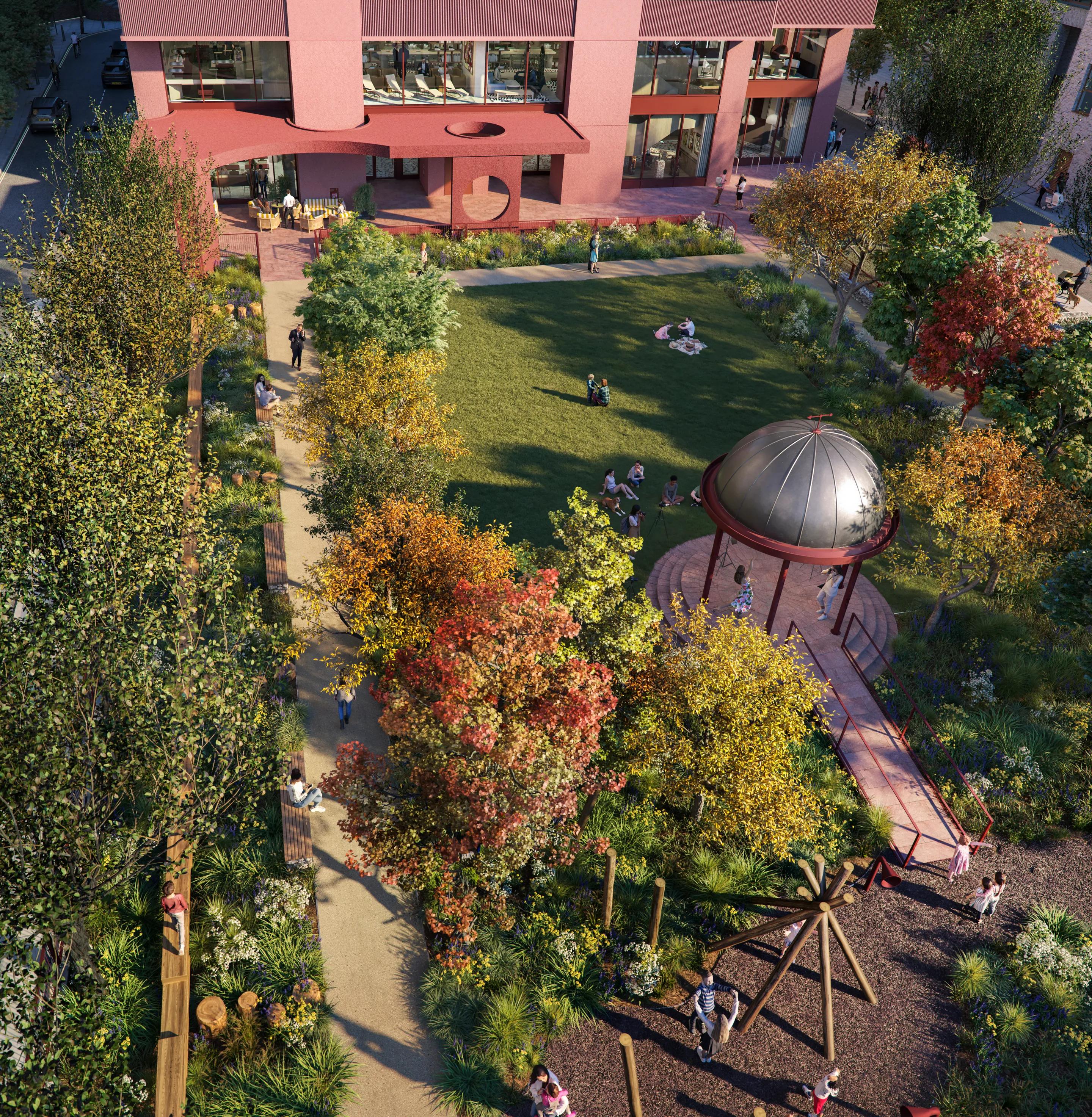 Cuba Street Gardens from above, a domed pavilion among the trees