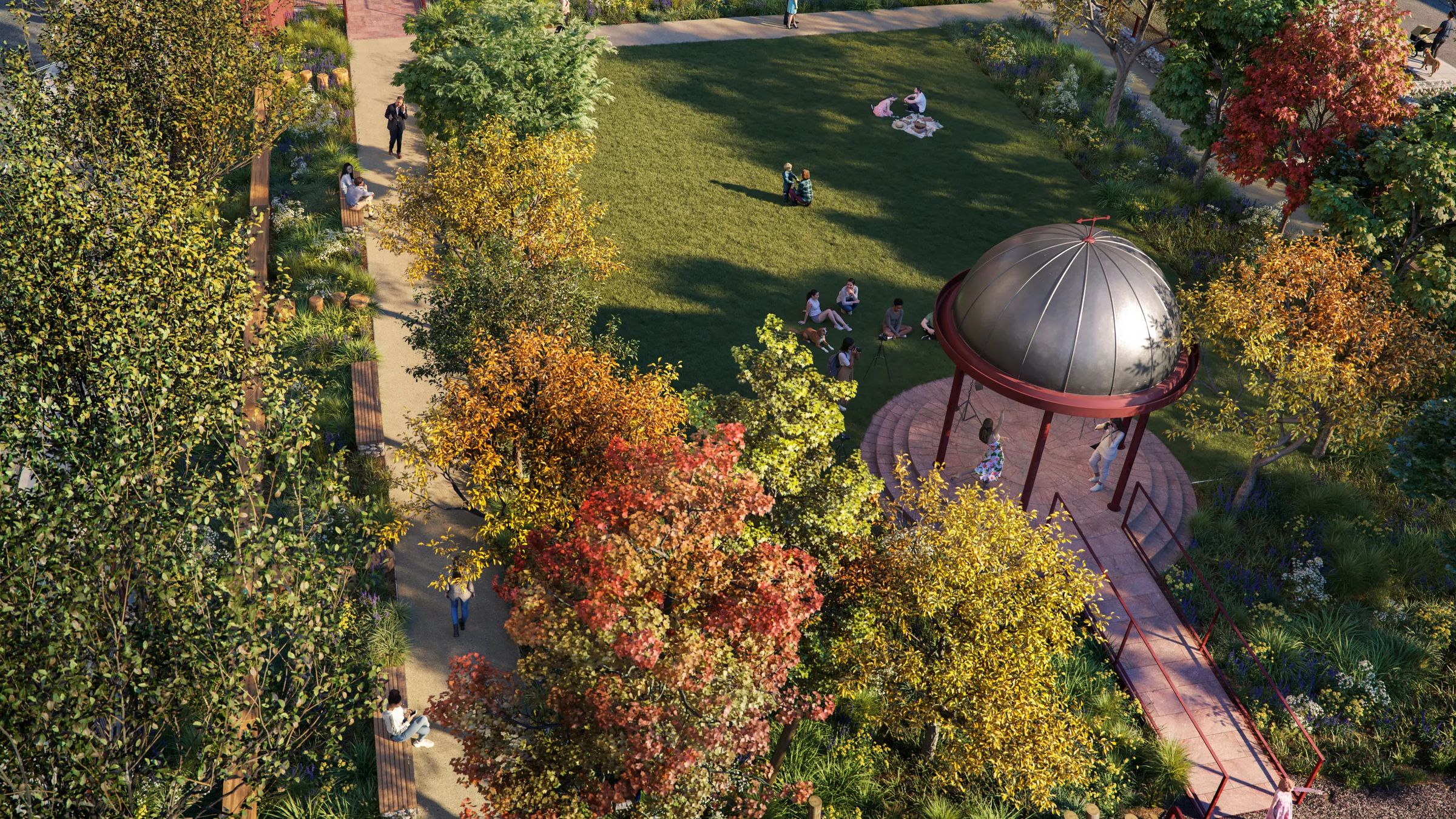 Aerial view of the gardens, dome pavilion and play area