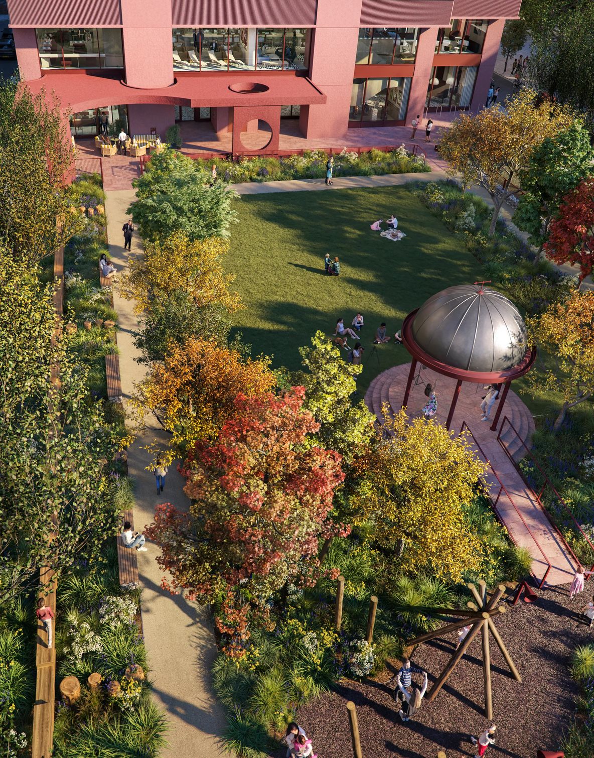 Cuba Street Gardens from above, a domed pavilion among the trees