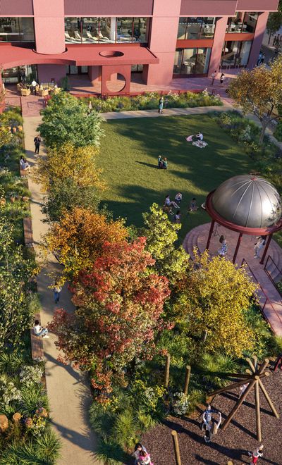 Cuba Street Gardens from above, a domed pavilion among the trees