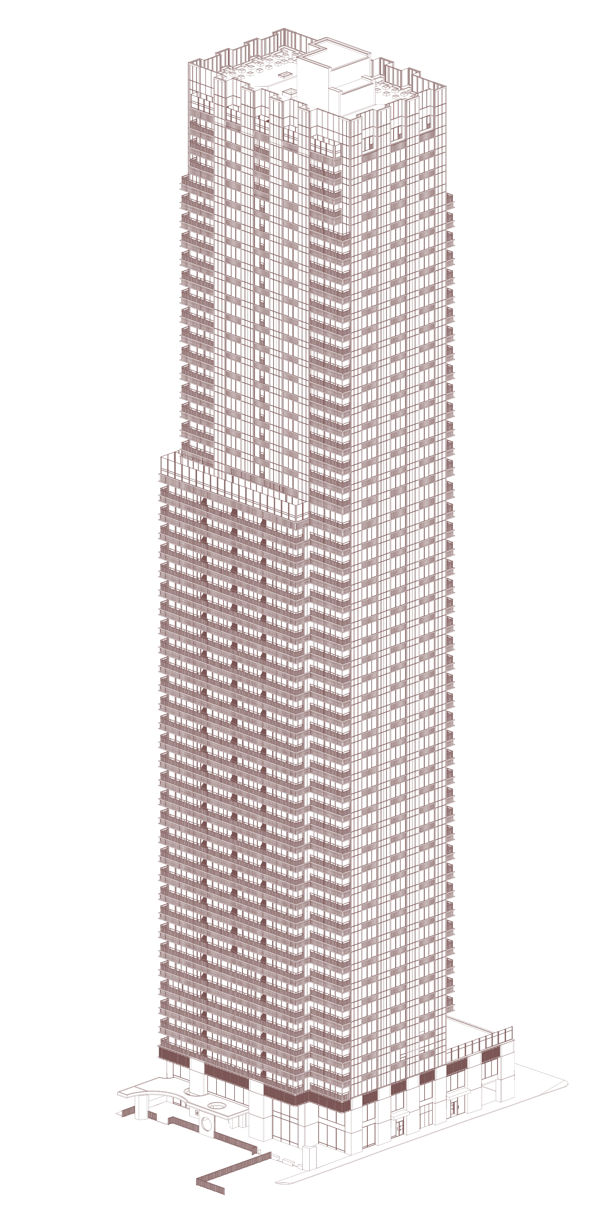 Wireframe drawing of the 25 Cuba Street tower