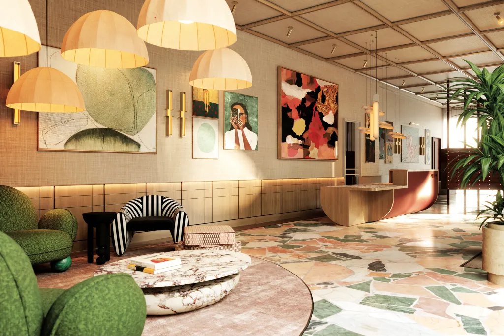 Lobby seating under oversized pendant shades