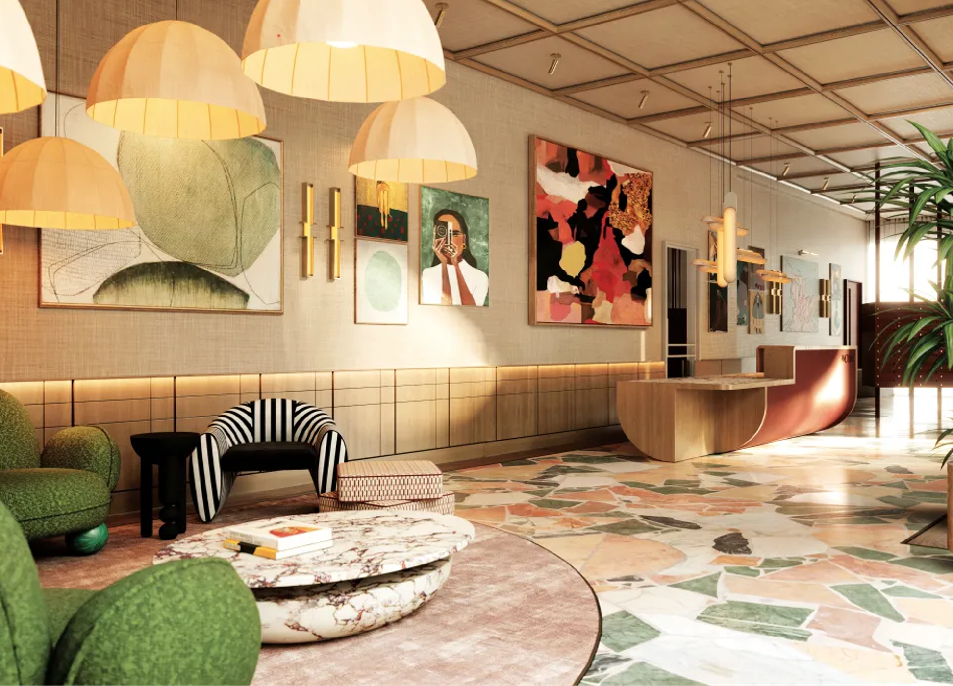 Lobby seating under oversized pendant shades