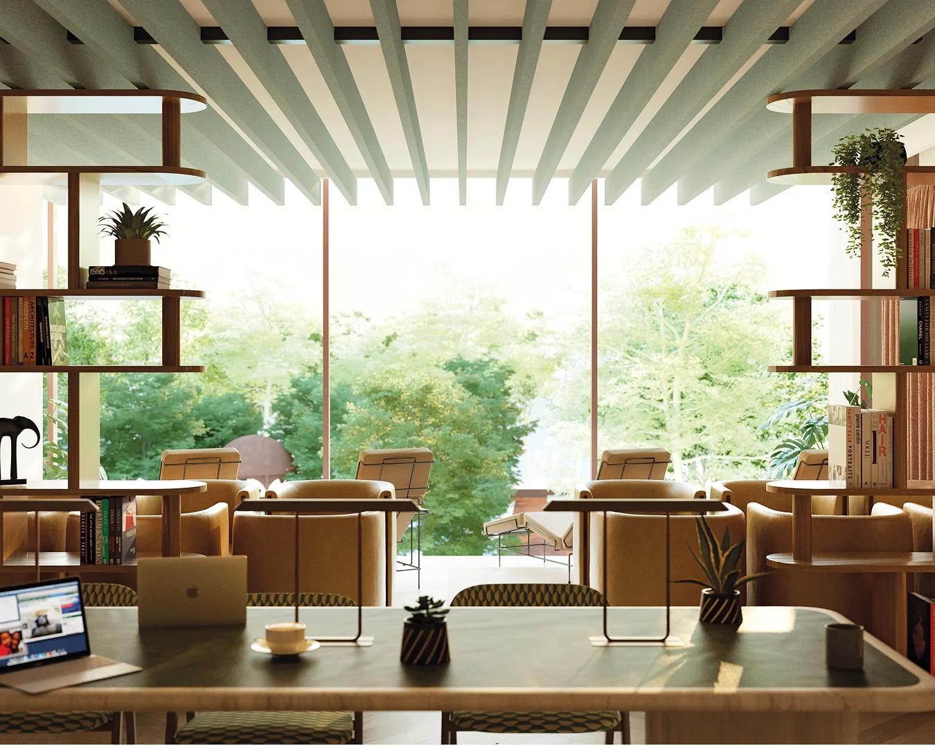 Library workspace with shelving and windows onto the gardens