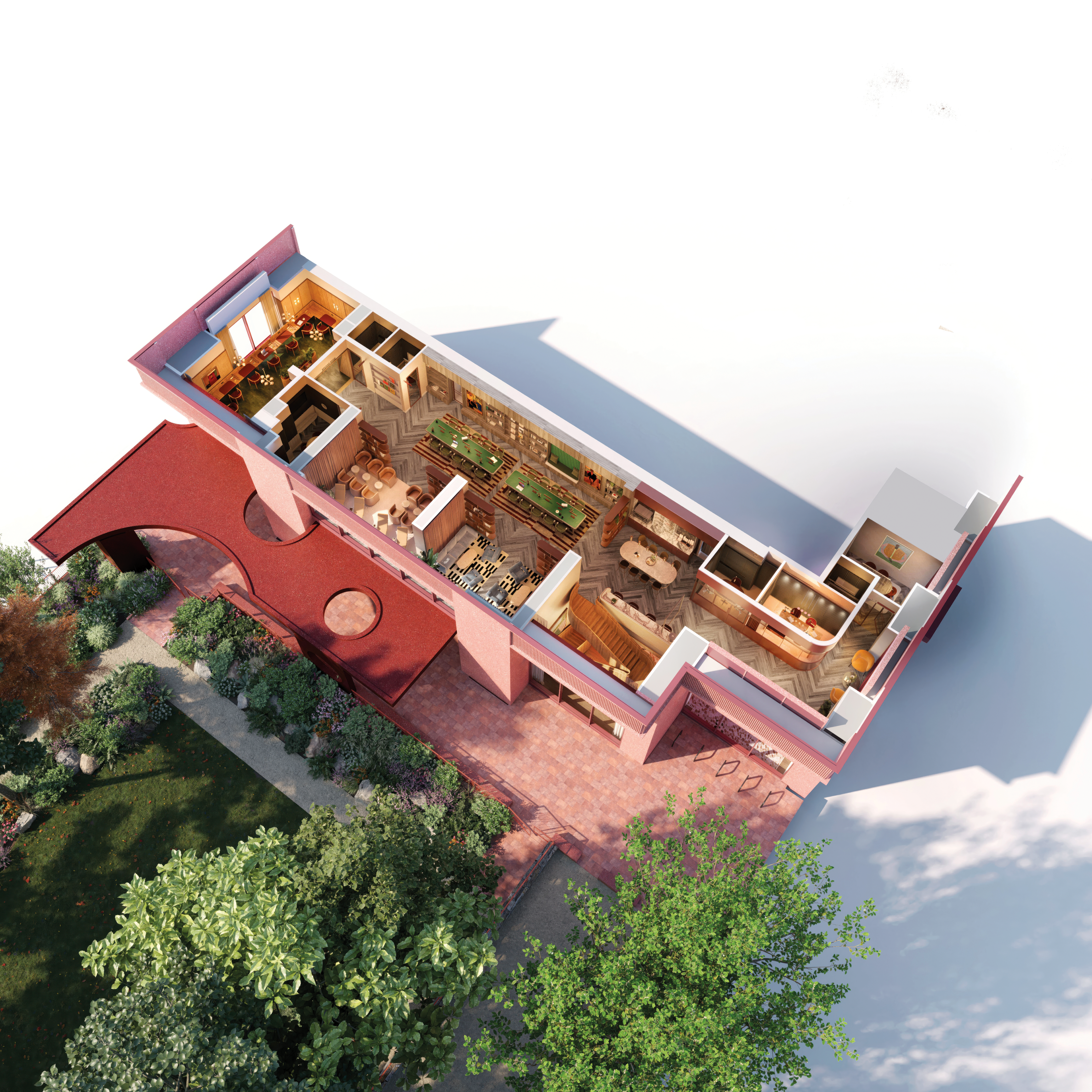 Cutaway view of the Level One floor above the landscaped gardens