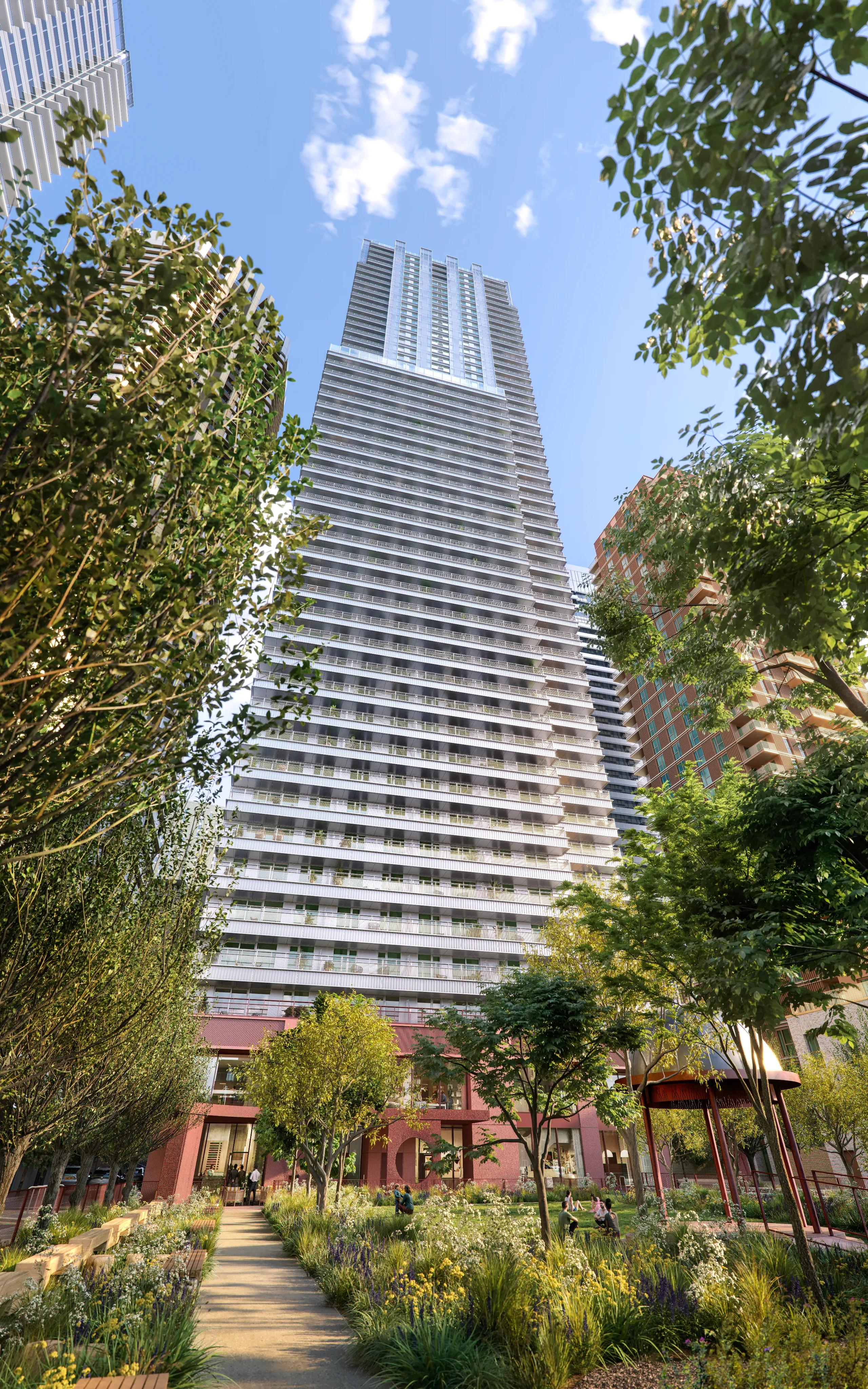 The tower seen from the planted garden path below