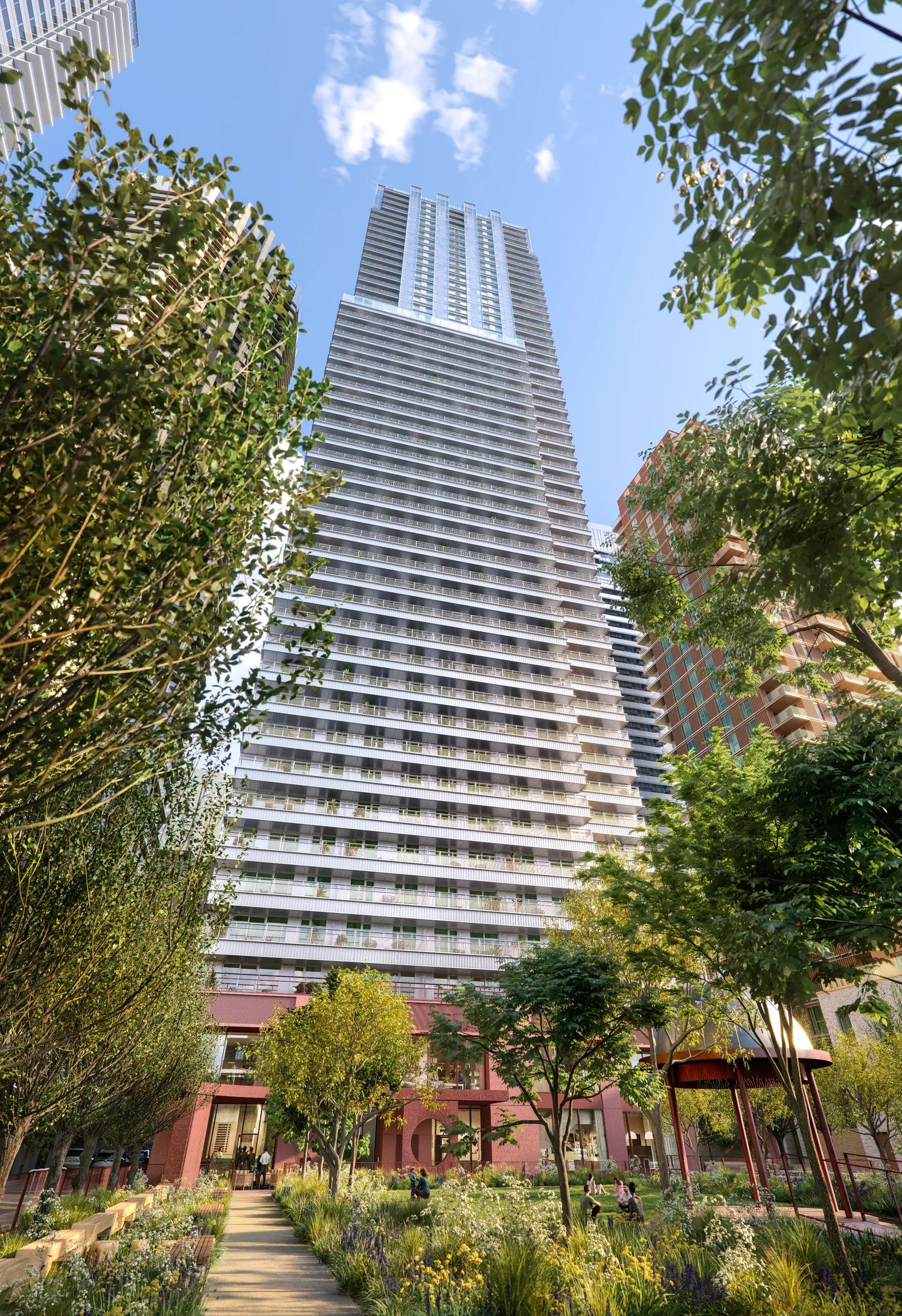 The tower seen from the planted garden path below