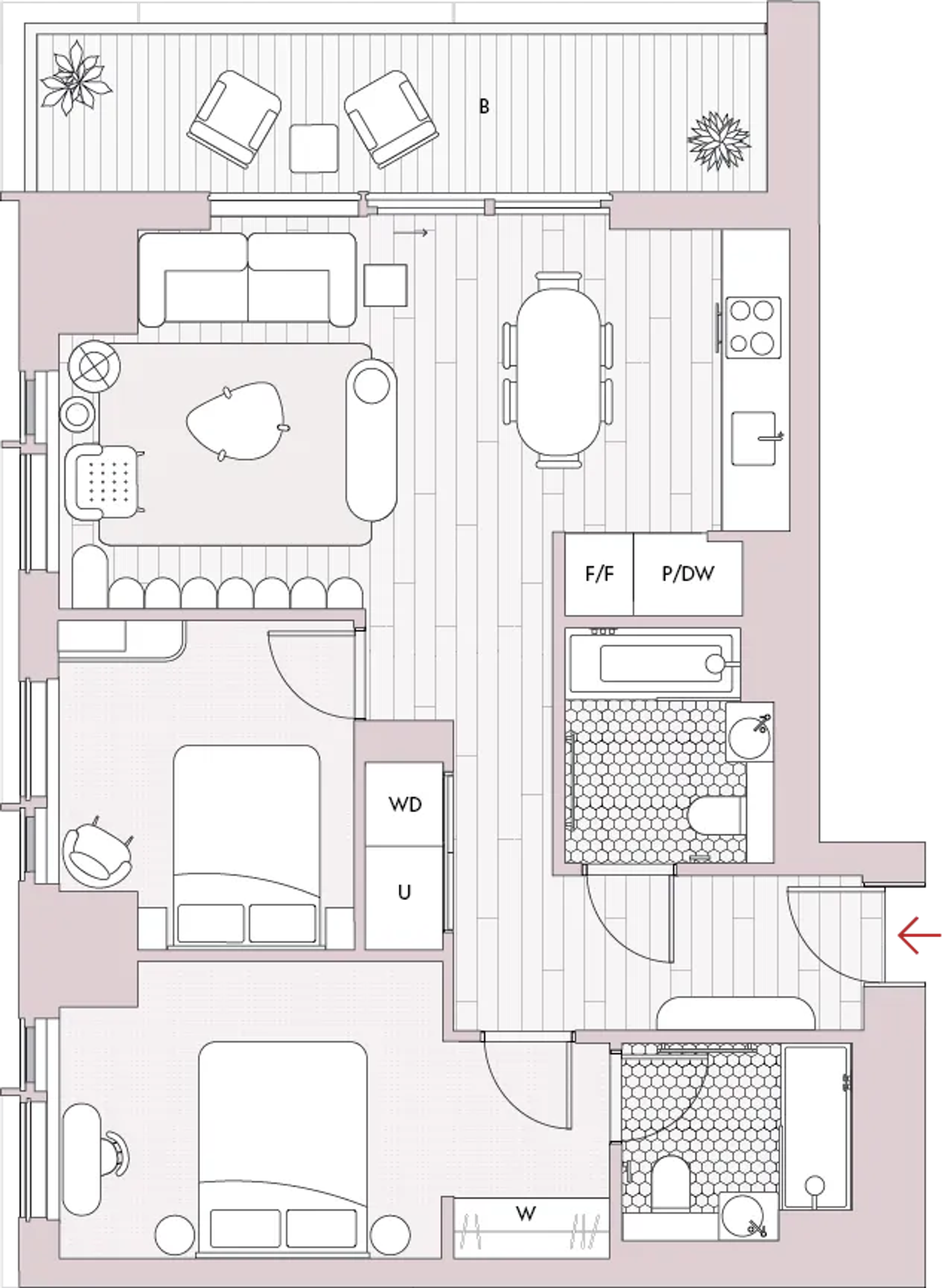 Floorplan of the two  bedroom apartment