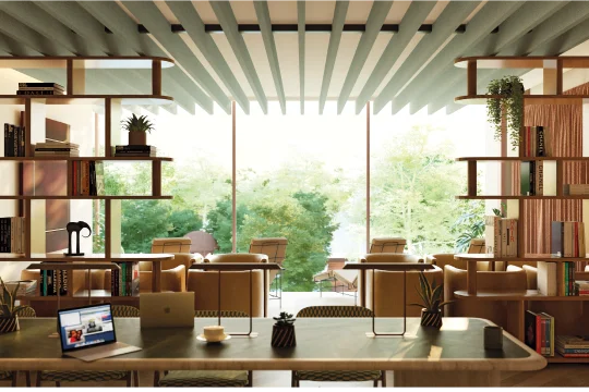 Reading room with slatted ceiling and shelves onto the garden