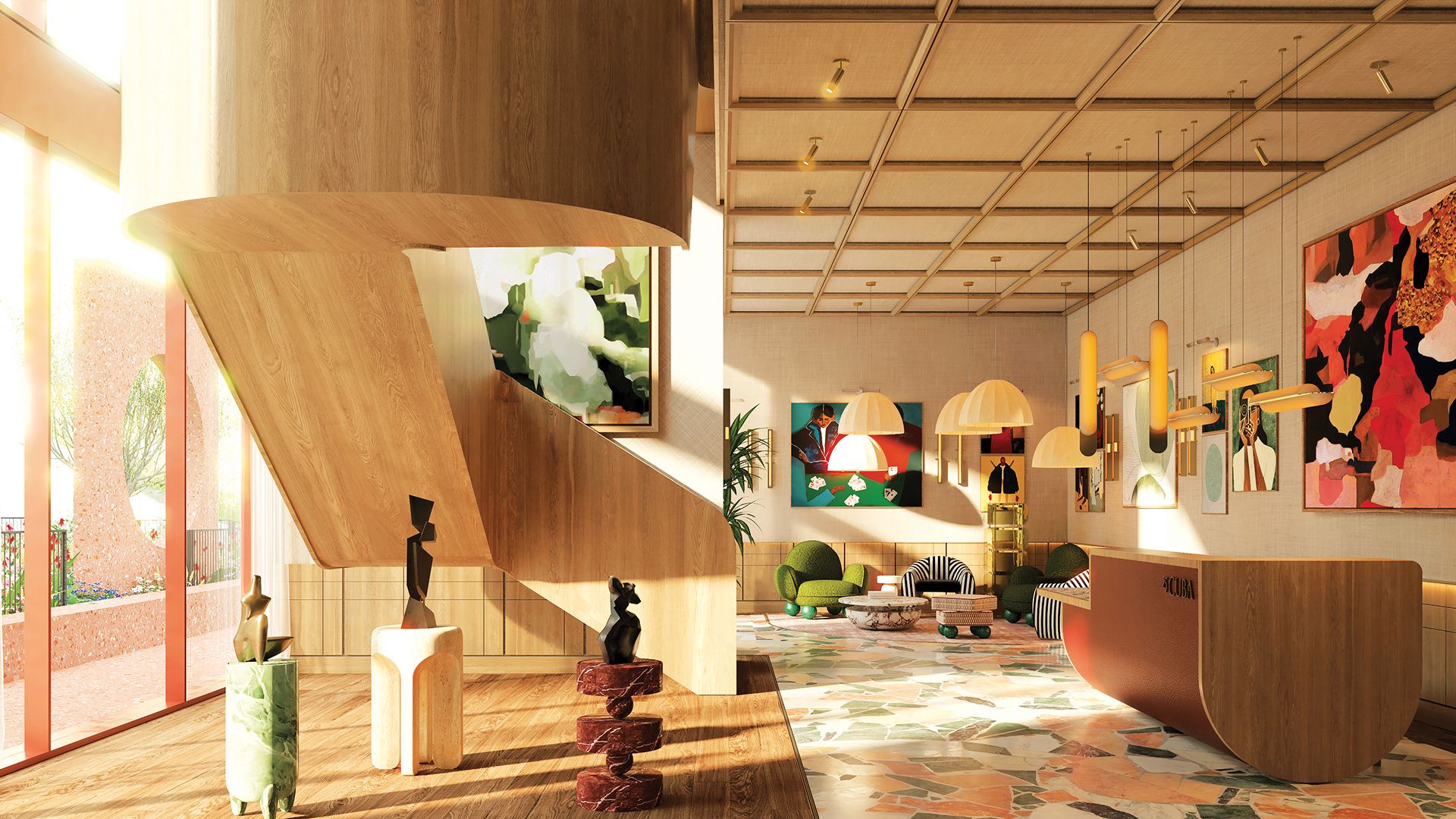 Sculptures on plinths in the reception gallery