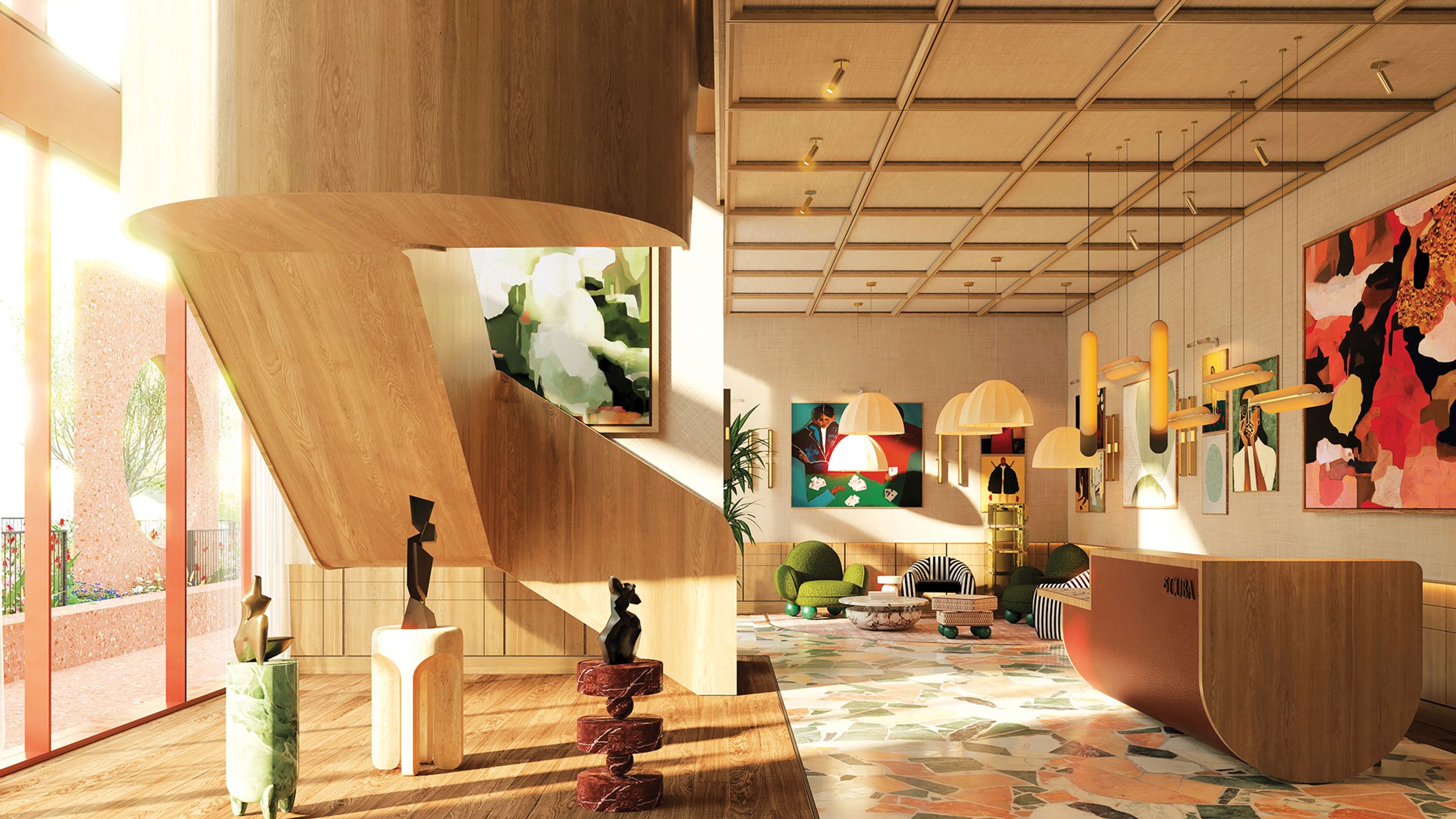 Sculptures on plinths in the reception gallery